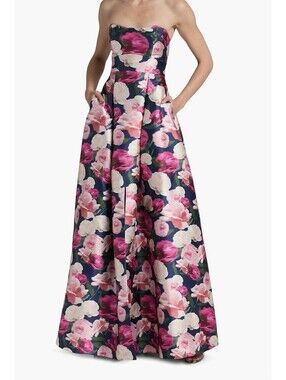 New Sachin Babi Giovanna Floral Satin Strapless Fit & Flare Gown Size 6 $795